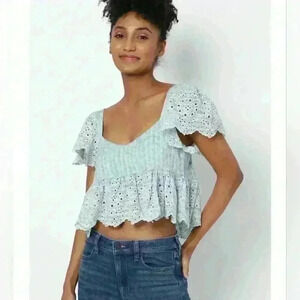 American Eagle Lt. Blue Ruffle Sleeve Baby Doll Blouse